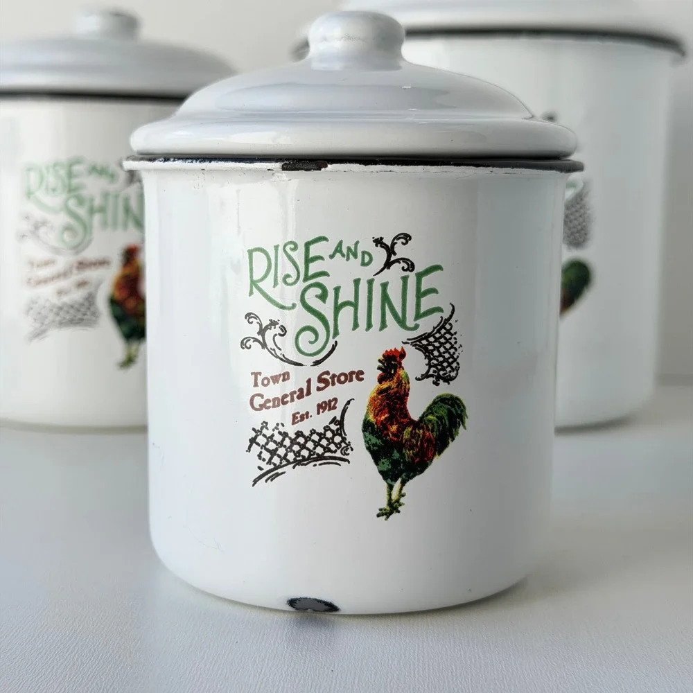 Vintage Rise and Shine Rooster Nesting Enamel Canister 3pc Set Farmhouse